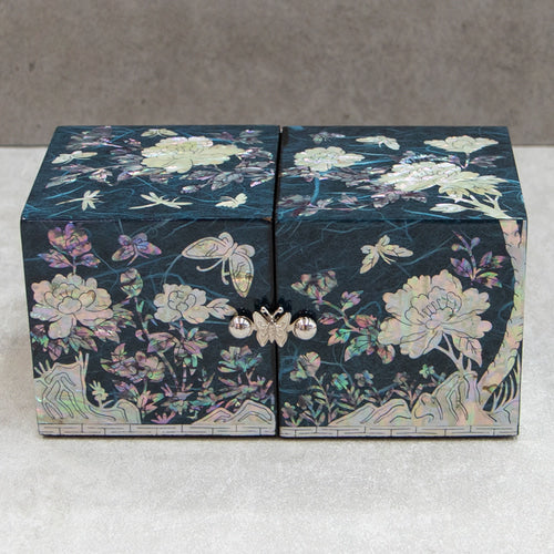Peony Hanji Double Lidded Mother of Pearl Jewelry Box (Medium, Blue)