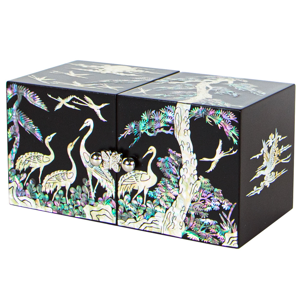 Najeonchilgi Lacquerware Double Lidded Mother of Pearl Jewelry Box Crane & Pine Motif Medium 사이즈
