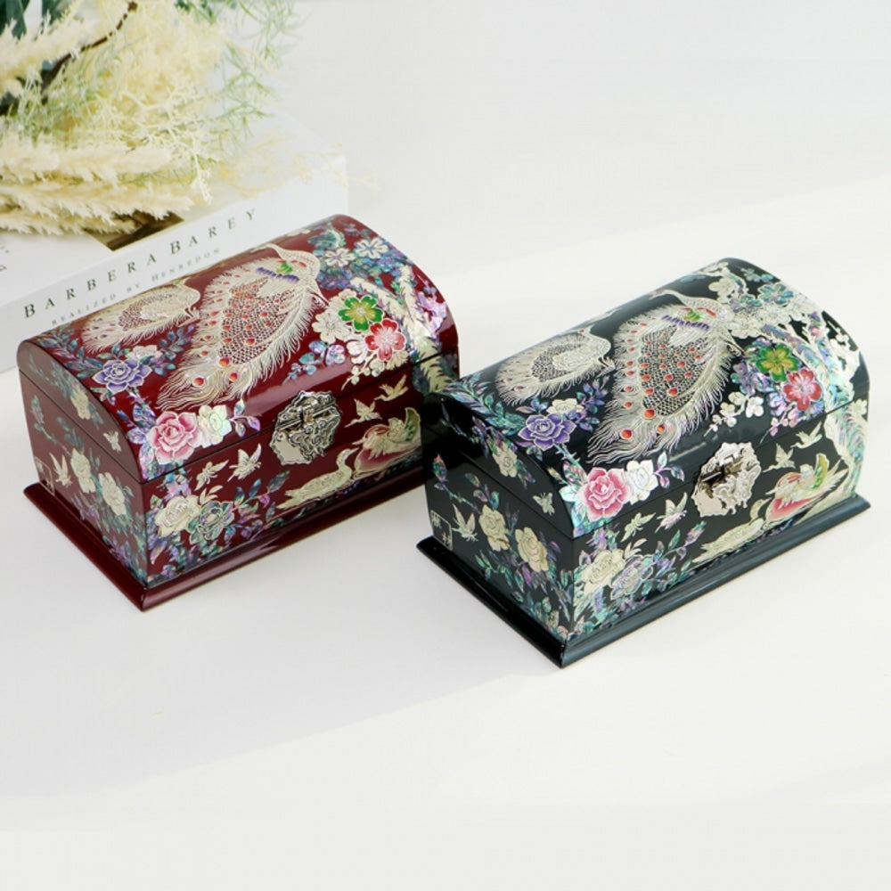 Masterpiece Najeonchilgi Peacock Rounded Mother of Pearl Jewelry Box, 18 cm (Master Artisan Kim Young-man)