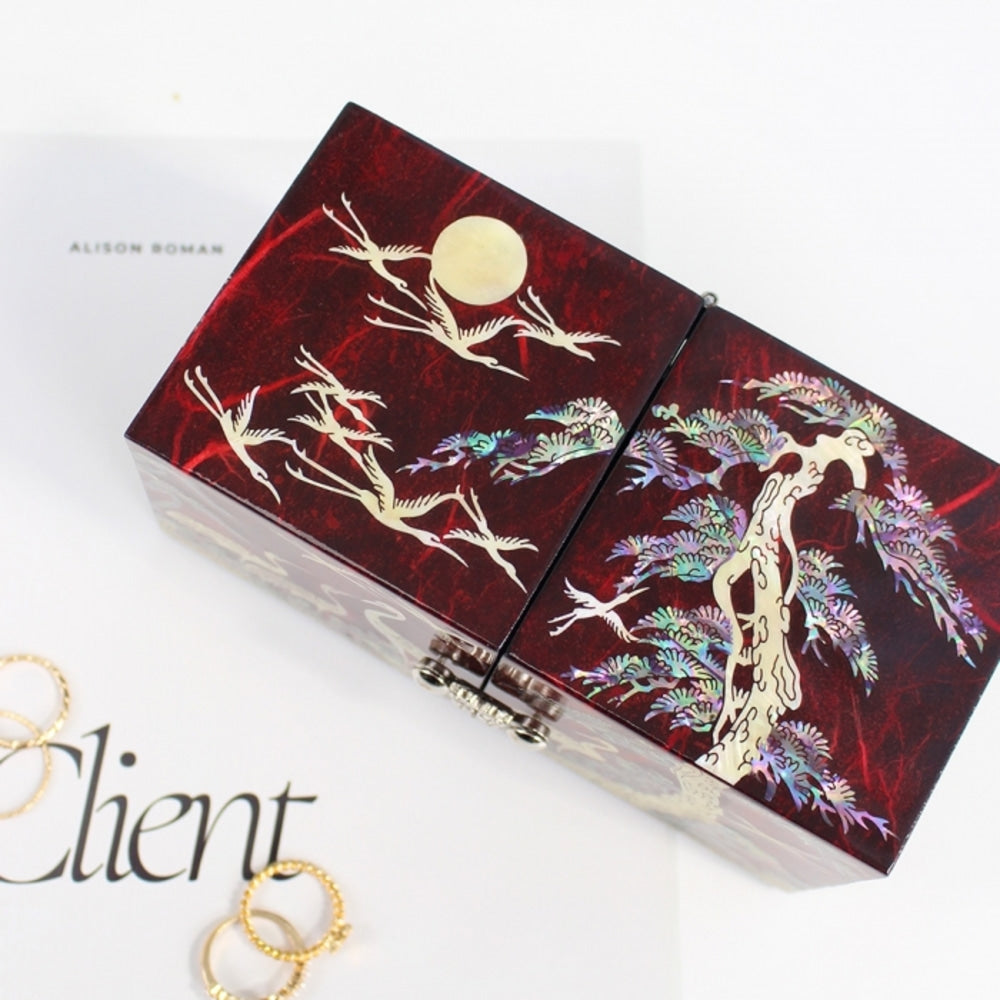 Hanji Mini Mother of Pearl Double-Lidded Small (Pine & Crane) Secret Jewelry Box