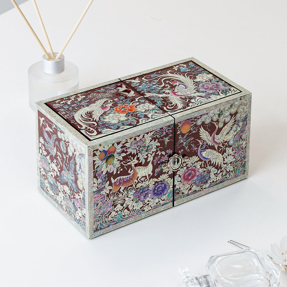 Masterpiece New Double-Lidded Golden Pheasant Large Red Mother of Pearl Jewelry Box