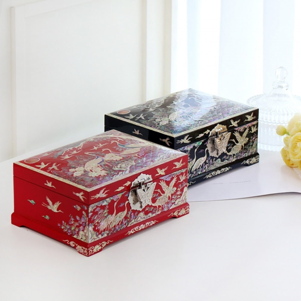 Najeonchilgi Painted Pine & Crane Mother of Pearl Jewelry Box, 18 cm