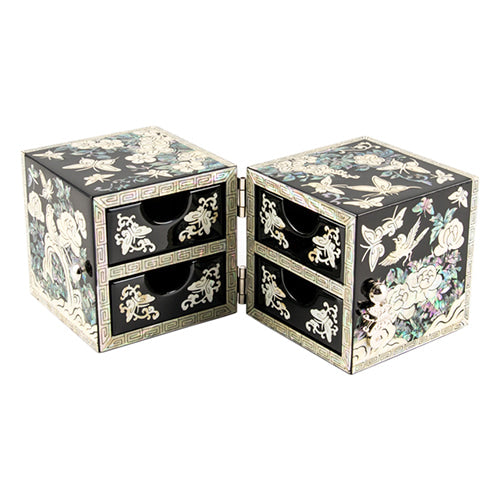 Butterfly Cloud Pattern Border Double Lidded Mother of Pearl Jewelry Box (Small, Glossy, Oh Myung - Ho)