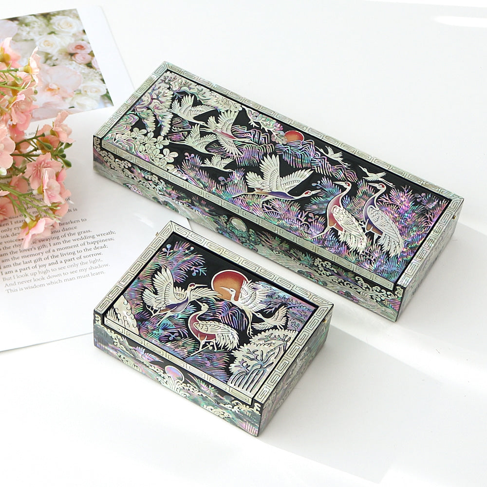 2-Piece Set: Premium Najeon Auto-Open Pine & Crane Pen Case Business Card Case (Master Artisan Jang Tae-bok)