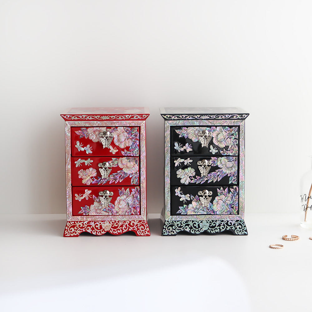 Najeonchilgi Peony Flower Arabesque 3-Tier Drawer Mother of Pearl Jewelry Box