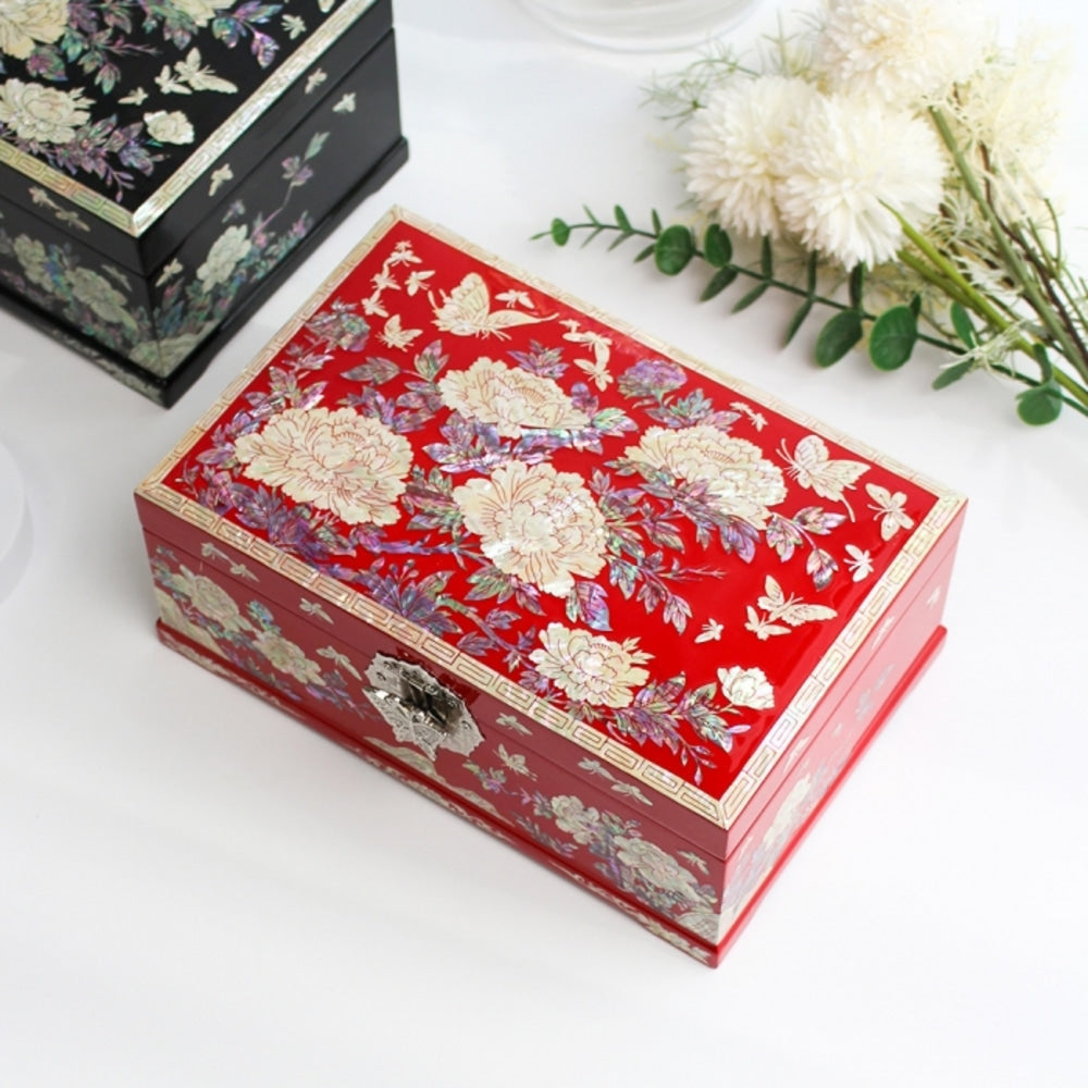 Najeonchilgi Peony 2-Tier Mother of Pearl Jewelry Box Yedan Wedding Gift Box, 24 cm