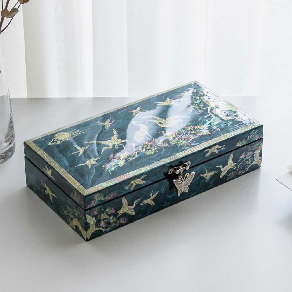 Hanji Crane & Pine 1-Tier LeftJewelry Box (Blue) - Oh Myung - Ho