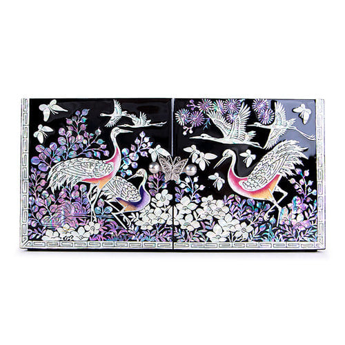 Crane & Pine Double Lidded Mother of Pearl Jewelry Box (Black, Large)