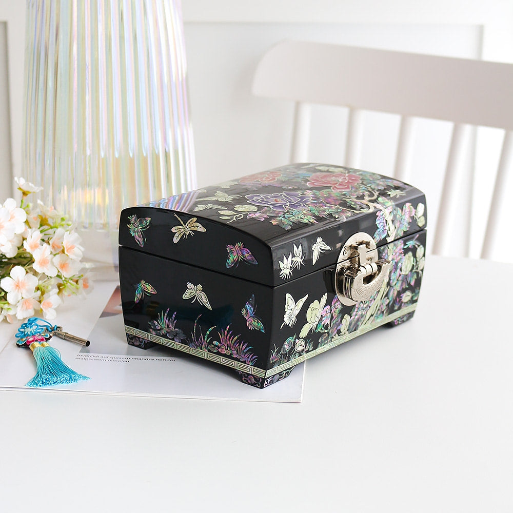 Premium 2-Tier Najeonchilgi Rounded Peony Black Mother of Pearl Jewelry Box, 18 cm (Master Artisan Jang Tae-bok)