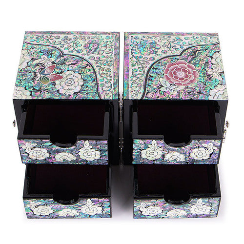 Peony Oval Border Double Lidded Mother of Pearl Jewelry Box (Large)