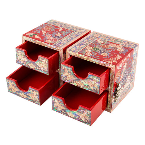 Square Flowers & Birds Double Lidded Mother of Pearl Jewelry Box (Small, Red)