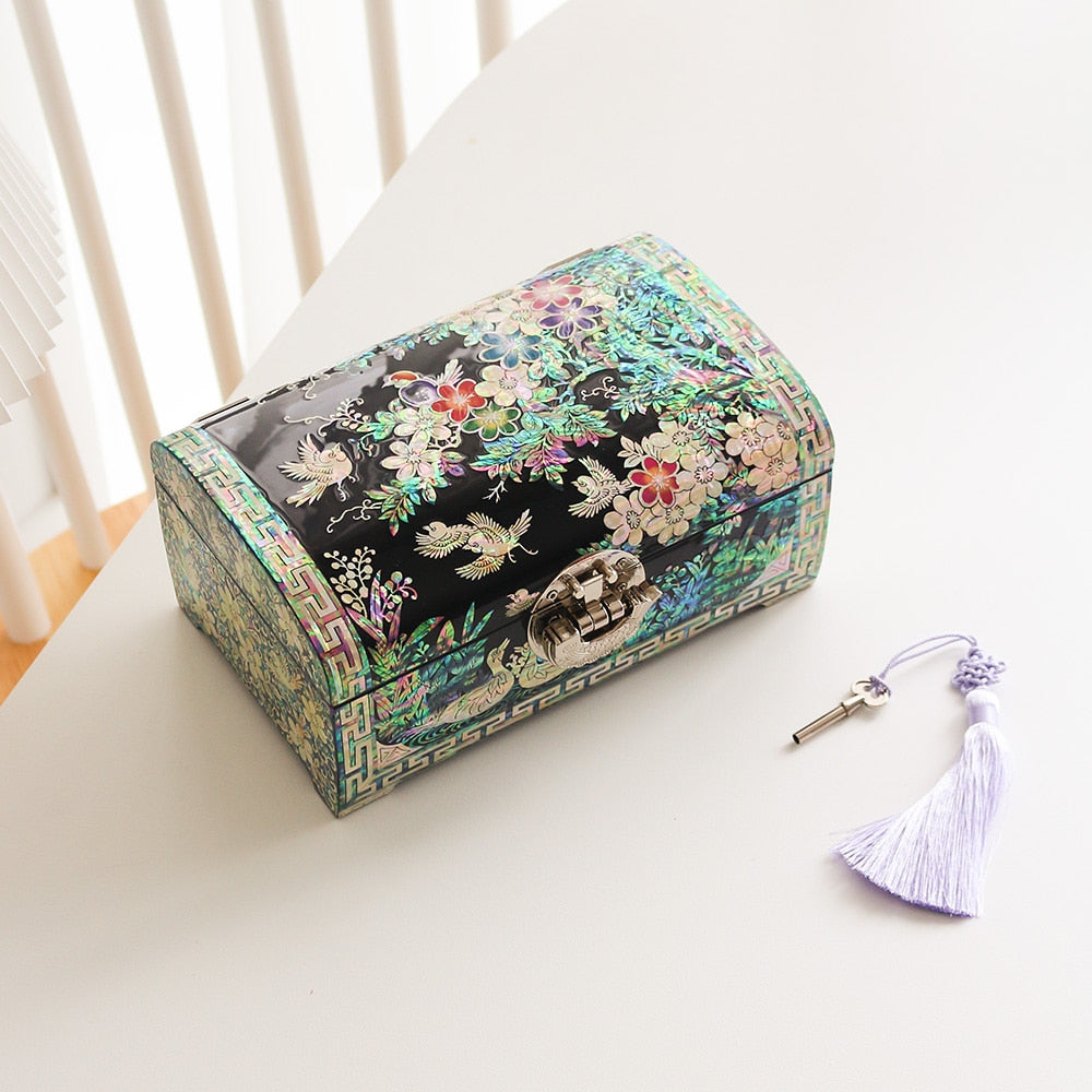 Najeonchilgi Painted Plum Blossom Rounded Mother of Pearl Jewelry Box, 21 cm