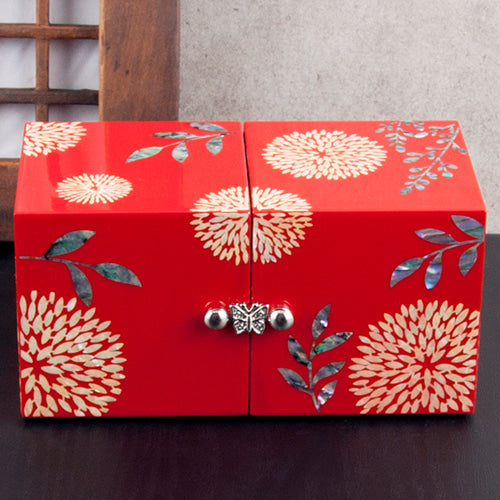 Premium Mother of Pearl ChrysanthemumFlower Double Lidded Jewelry Box (Glossy, Small) - Red, Blue