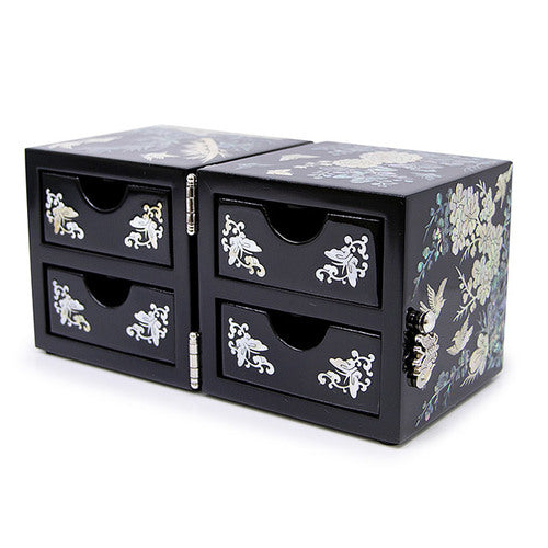 Four Gracious Plants Double Lidded Mother of Pearl Jewelry Box (Medium, Glossy, Black)