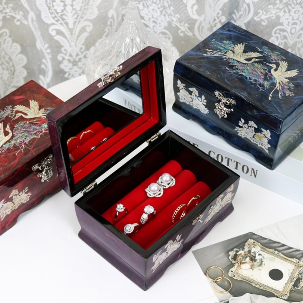 Hanji Rounded Pine & Crane Mother of Pearl Jewelry Box Keepsake Ring Box, 15 cm