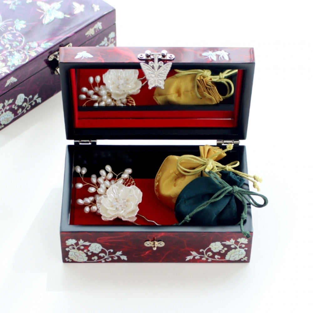 Najeonchilgi Mother of Pearl Jewelry Box Hanji Butterfly Peony Flower Jewelry Box Najeon Jewelry Box Korean, 16 cm