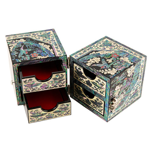 Flowers & Birds Double Lidded Mother of Pearl Jewelry Box (Black)