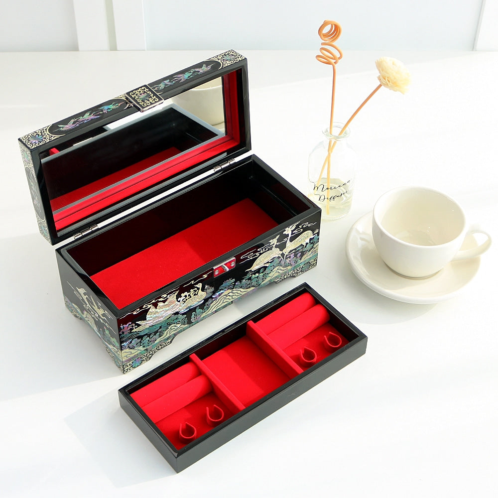 Premium Pine & Crane Najeonchilgi 2-Tier Mother of Pearl Jewelry Box, 24 cm (Master Artisan Hong Seok-pyo)