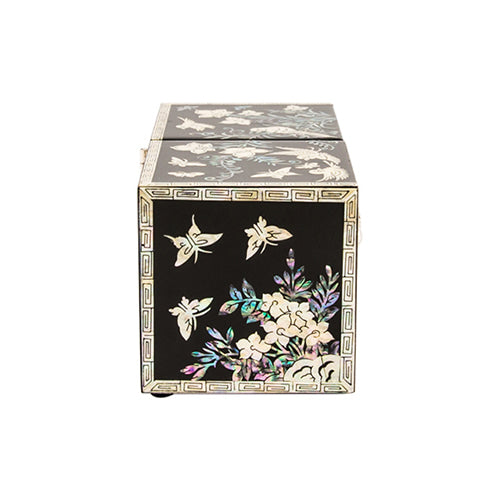 Flowers & Birds Cloud Pattern Border Double Lidded Mother of Pearl Jewelry Box (Small, Glossy, Oh Myung - Ho)