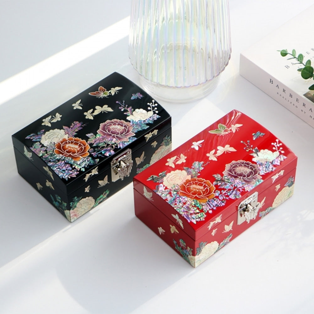 Najeonchilgi Peony & Butterfly Rounded Mother of Pearl Jewelry Box, 18 cm