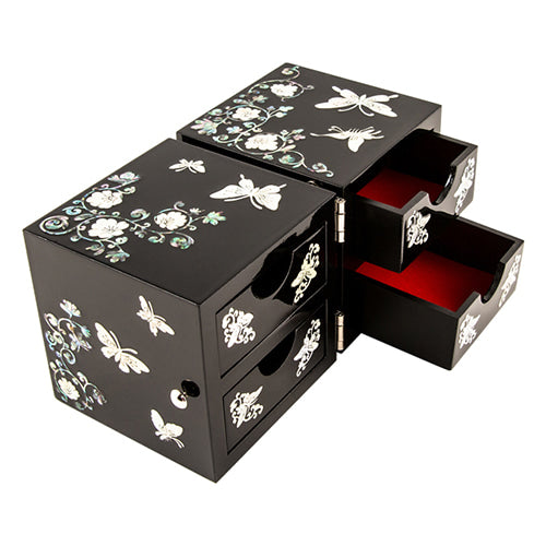 Glossy Double Lidded Mother of Pearl Jewelry Box (Butterfly, Medium)