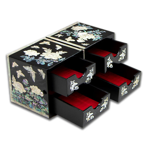 Peony Cloud Pattern Border Double Lidded Mother of Pearl Jewelry Box (Medium, Glossy, Black)