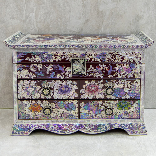Pine & Crane Roof-Tile 4-Tier Najeonchilgi Jewelry Box with Embroidered Drawers by Kim Young-man