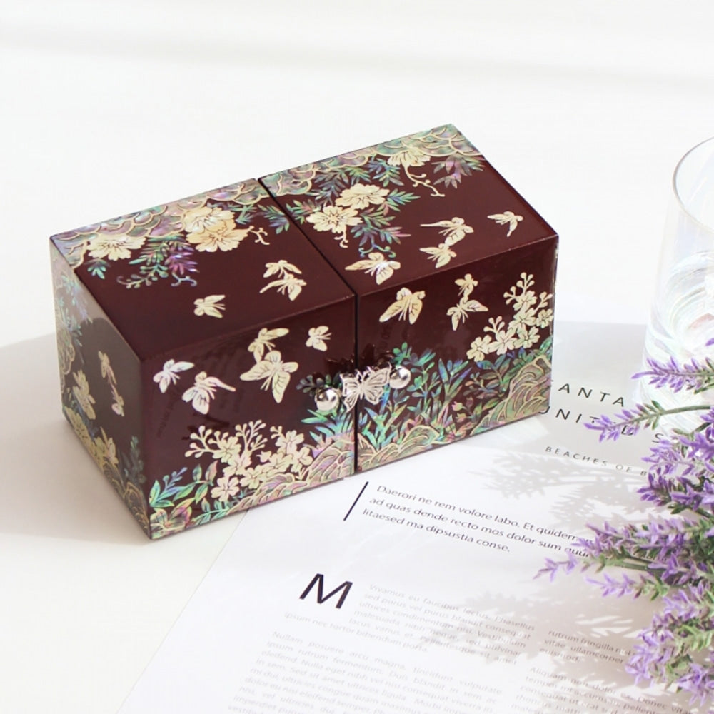 Najeonchilgi Flower Butterfly Garden Mother of Pearl Mini Double-Lidded Jewelry Box
