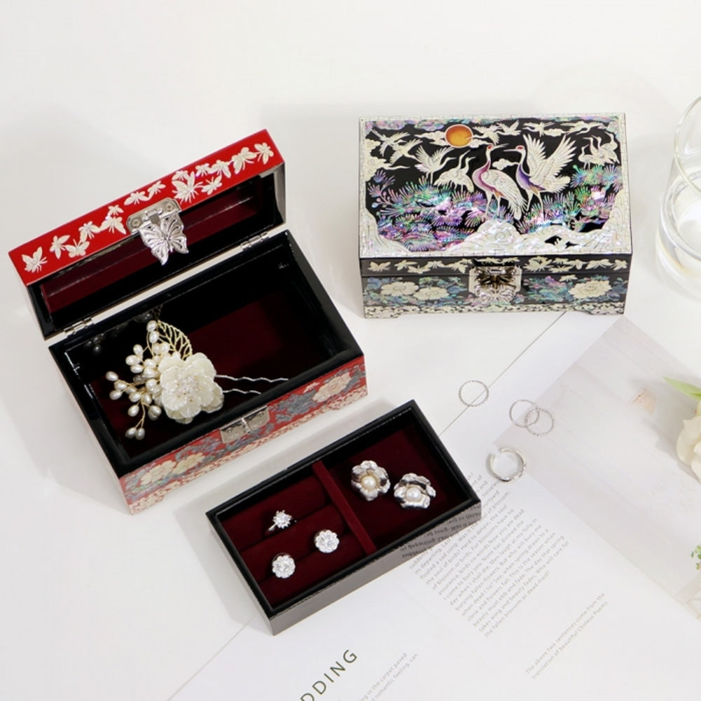 Premium Pine & Crane Mini Mother of Pearl Jewelry Box Ring Box, 15 cm (Master Artisan Kim Young-man)