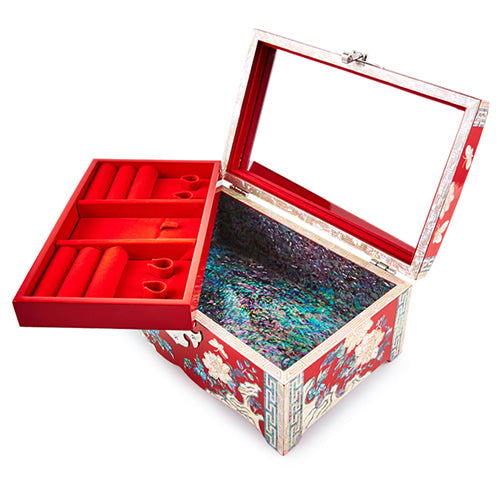 Peony Straight Rounded Mother of Pearl Jewelry Box (No. 8, Red)