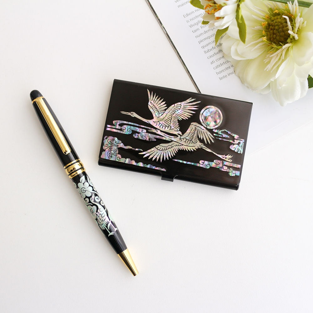 2-Piece Set: Carved Business Card Case K Mother of Pearl Pen Set