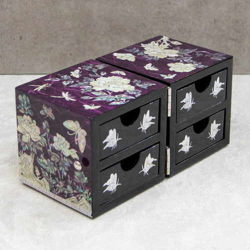 Peony Hanji Double Lidded Mother of Pearl Jewelry Box (Medium, Purple)