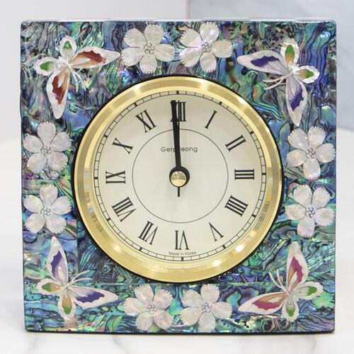 Najeon Chilgi Mother of Pearl Desk Clock — Butterfly Pattern (Symbol of Joy & Transformation) - DE0126