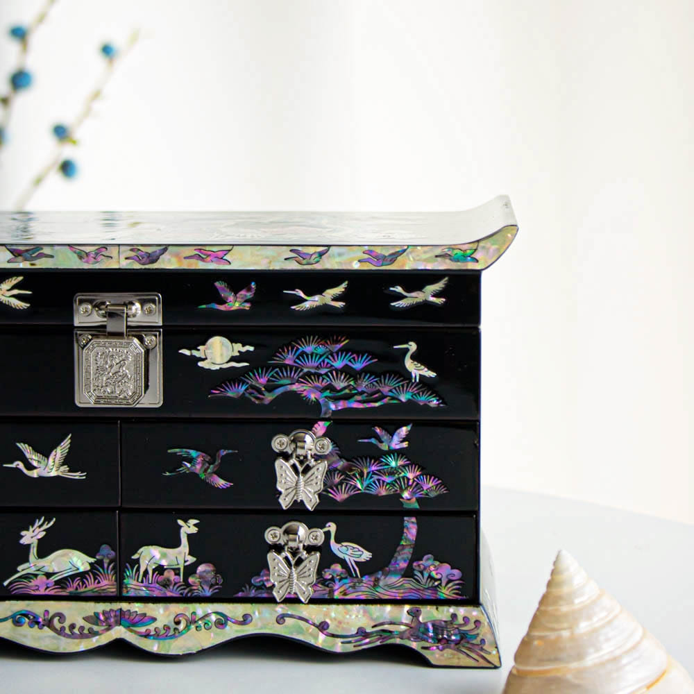 Premium Najeonchilgi Vanity Mirror 4-Tier Pine & Crane Drawer Mother of Pearl Jewelry Box, 25 cm (Master Artisan Hong Seok-pyo)