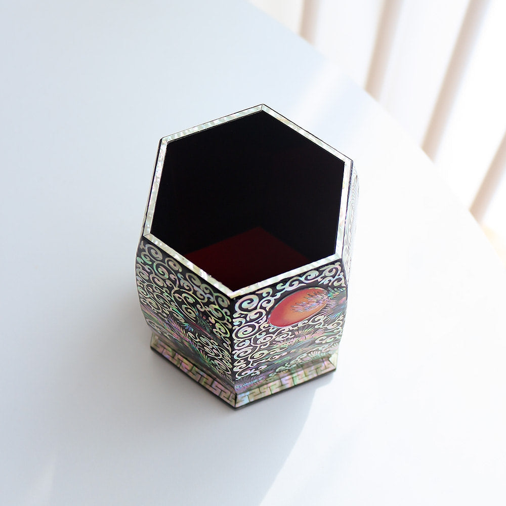 Premium Najeonchilgi Hexagonal Pine & Crane Black Pen Holder Pencil Holder (Master Artisan Jang Tae-bok)