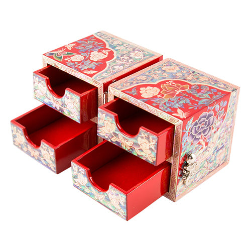 Round Peony Double Lidded Mother of Pearl Jewelry Box (Small, Red)