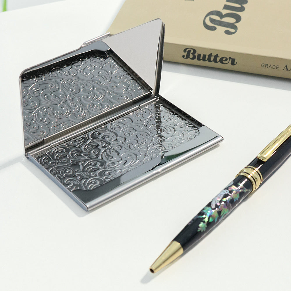 2-Piece Set: Premium Najeon Marbled Pattern Business Card Case Mother of Pearl Pen M