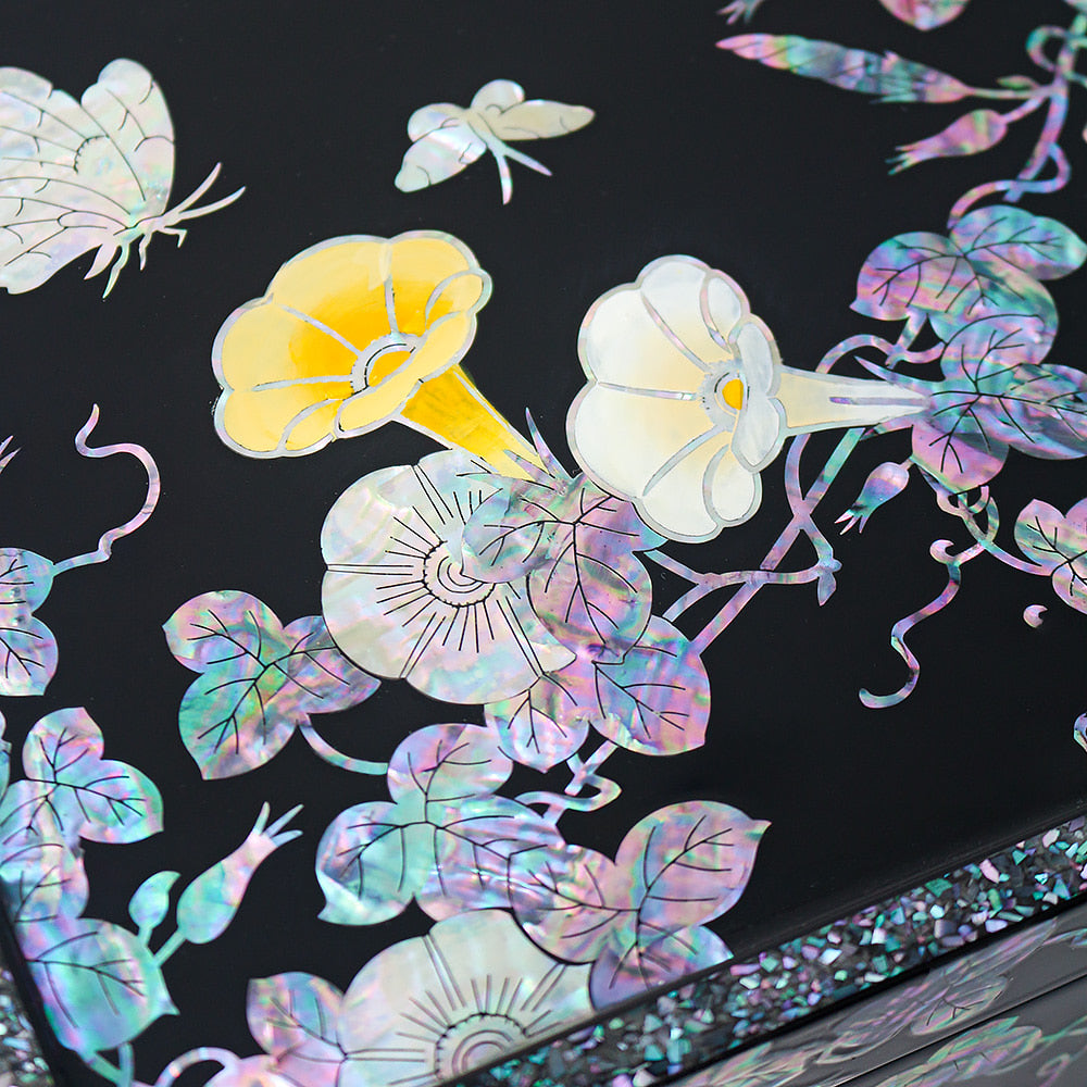 Masterpiece Najeonchilgi Flower Painted Flowers 2-Tier Mother of Pearl Jewelry Box, 30 cm