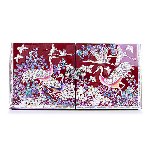 Crane & Pine Double Lidded Mother of Pearl Jewelry Box (Red, Large)