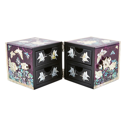 Peony Cloud Pattern Border Hanji Double Lidded Mother of Pearl Jewelry Box (Small, Glossy, Purple)
