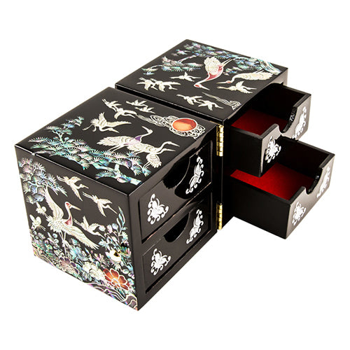 Mother of Pearl Jewelry Box (Double Lidded, Crane & PineA, Medium)