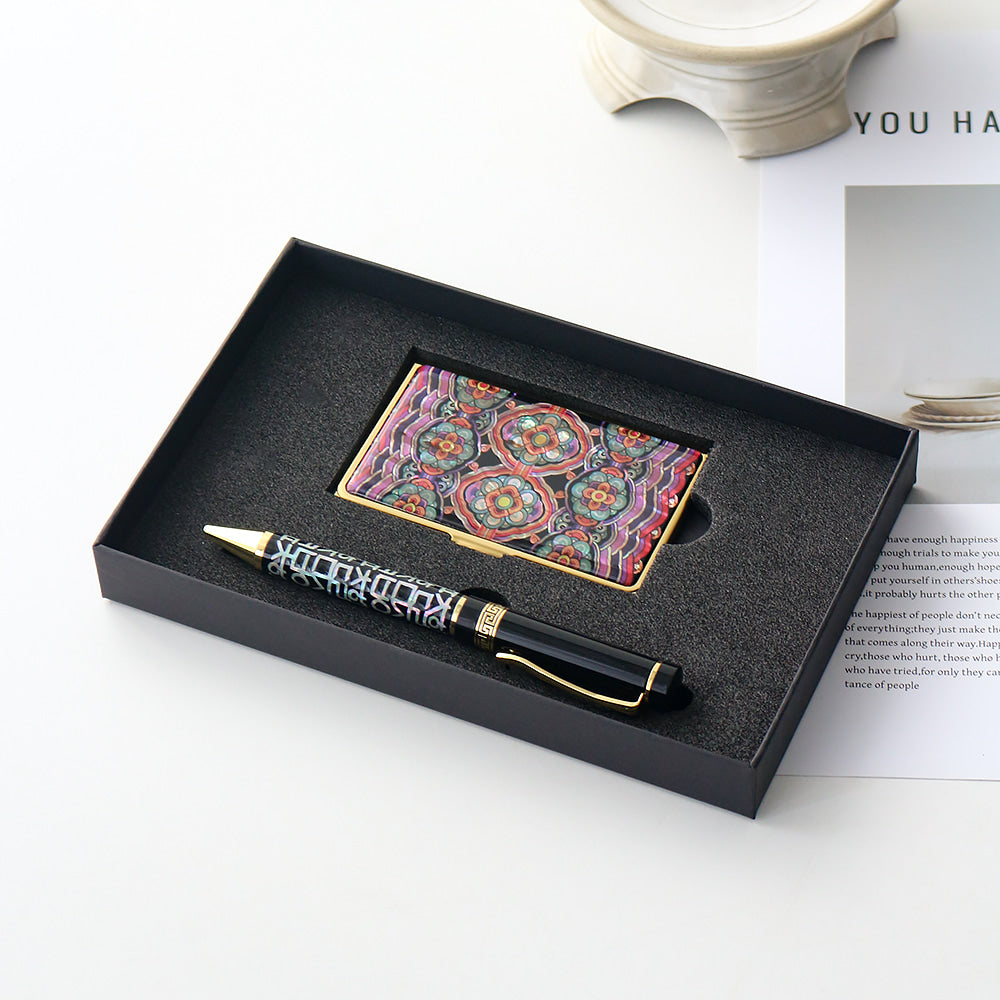 2-Piece Set: Gold Mother of Pearl Business Card Case N Hangul Lattice Mother of Pearl Pen Set (Lower Inlay)