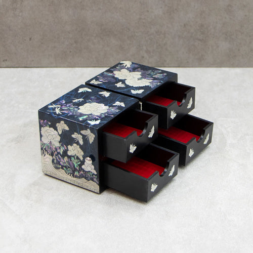 Peony Hanji Double Lidded Mother of Pearl Jewelry Box (Small, Blue)