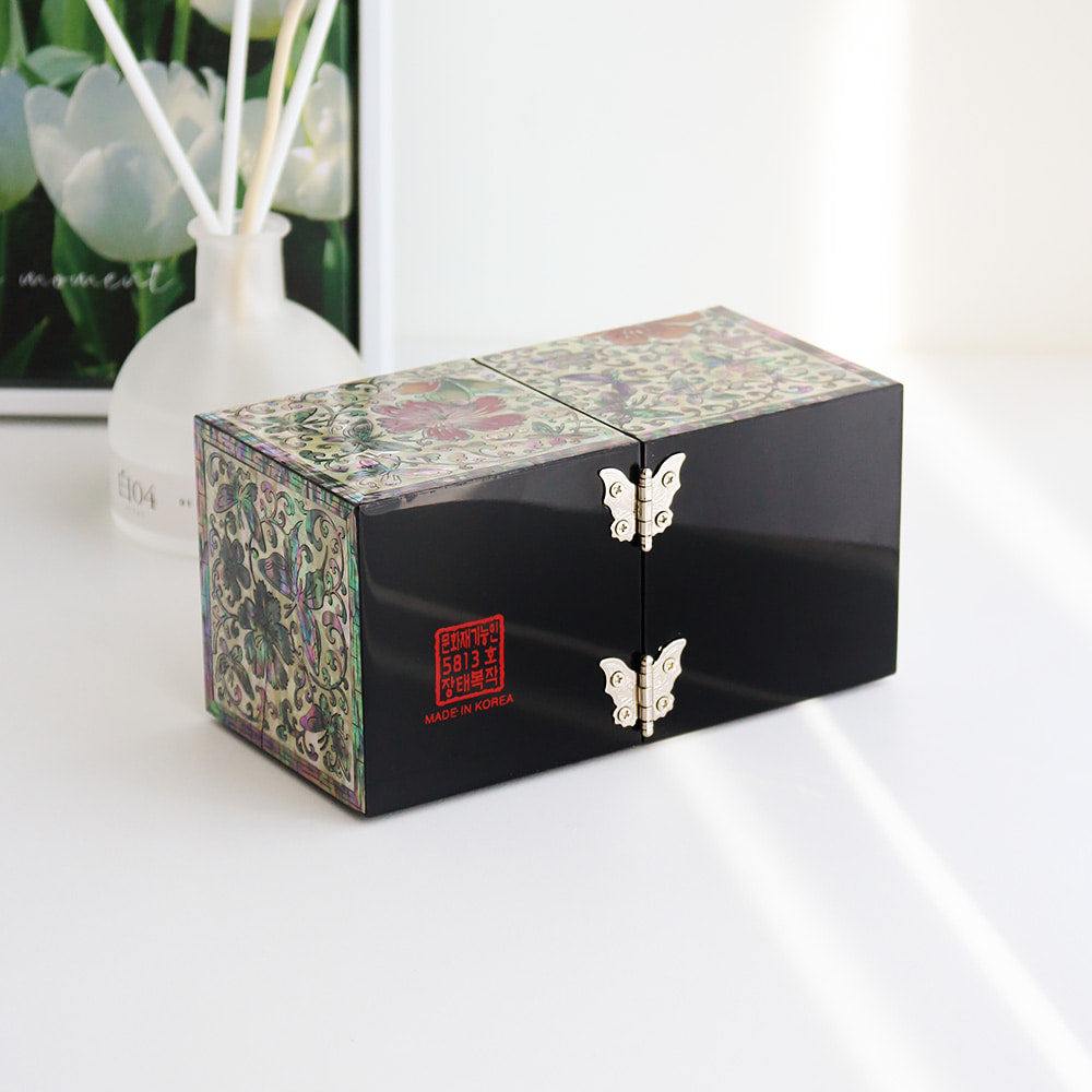 Najeonchilgi Painted Flower & Butterfly Double-Lidded Mother of Pearl Jewelry Box Black (Master Artisan Jang Tae-bok)