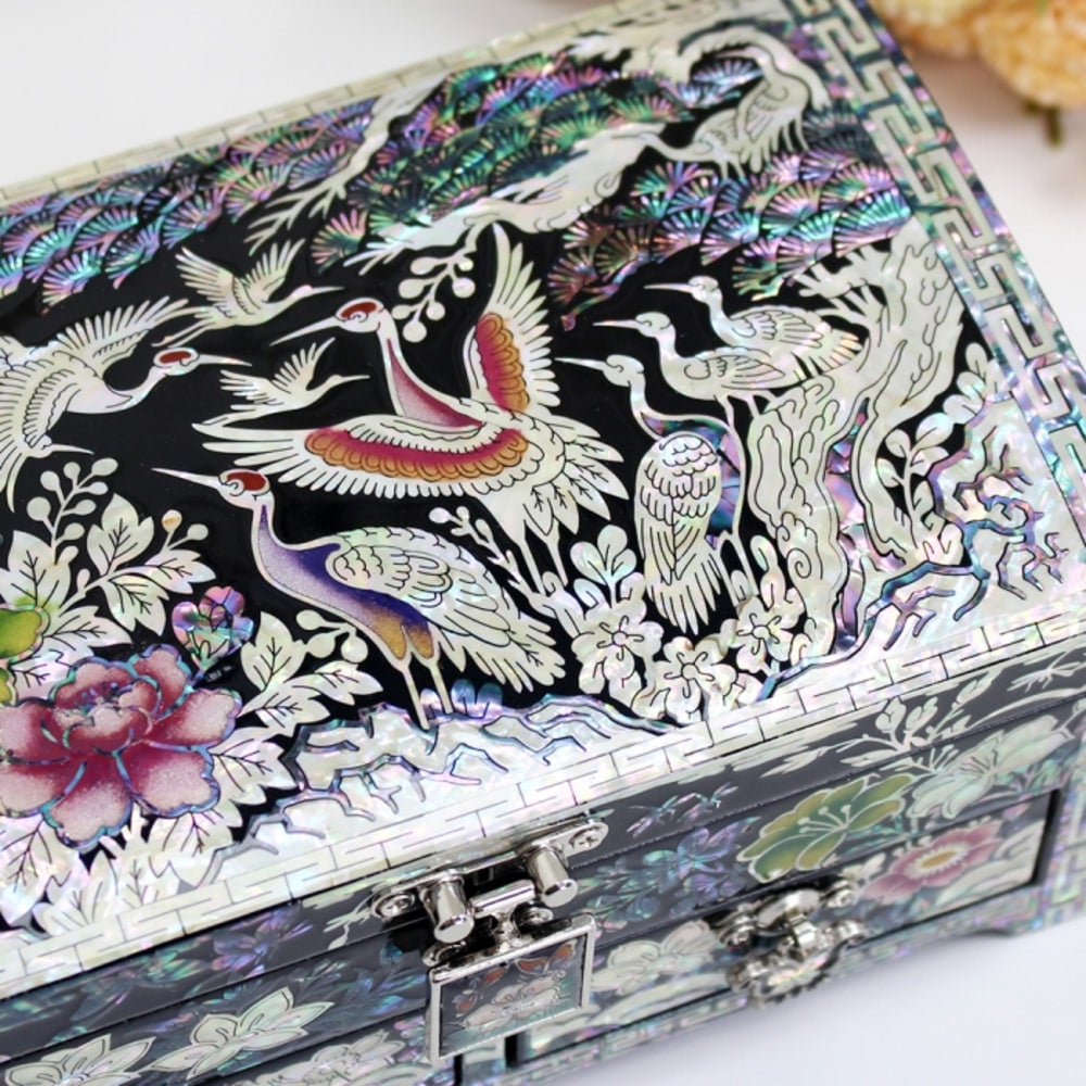Masterpiece Najeonchilgi New Pine & Crane 1-Tier Drawer Mother of Pearl Jewelry Box, 18 cm (Master Artisan Kim Young-man)