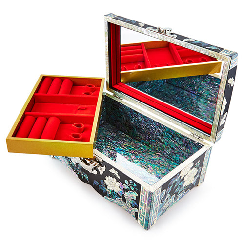 Peony Straight Rounded Mother of Pearl Jewelry Box (No. 8, Black)