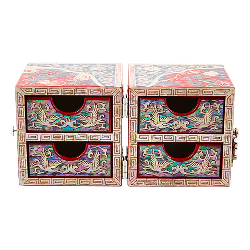 Round Crane & Pine Double Lidded Mother of Pearl Jewelry Box (Small, Red, Oh Myung - Ho)