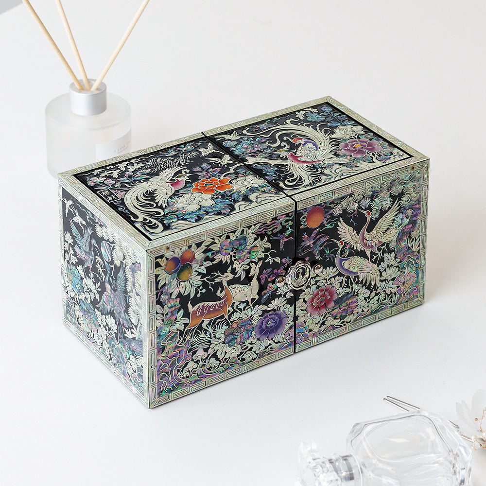 Masterpiece New Double-Lidded Golden Pheasant Large Black Mother of Pearl Jewelry Box