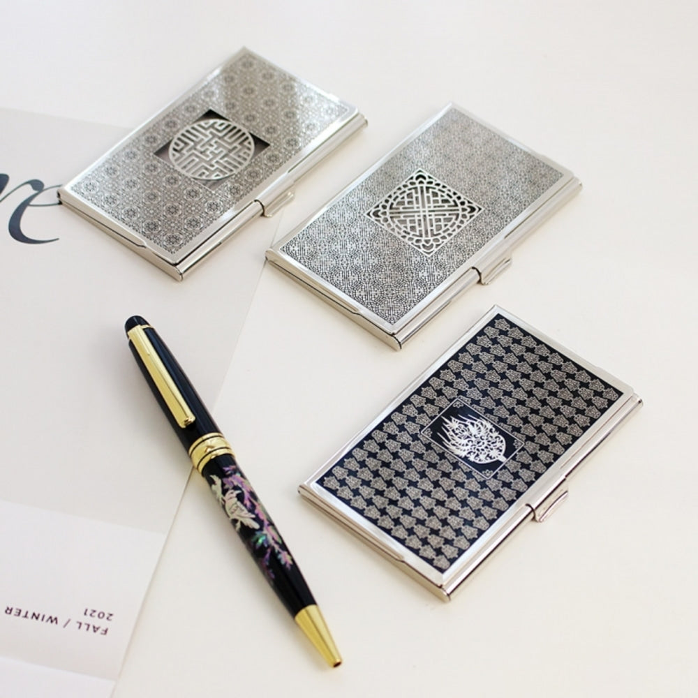 2-Piece Set: Metal Business Card Case Mother of Pearl Pen Set