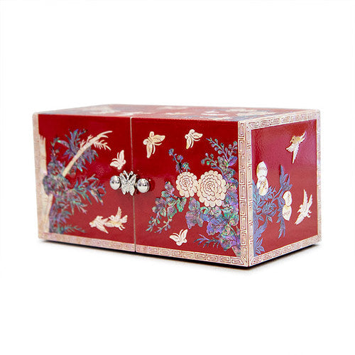 Four Gracious Plants NaturalMother of Pearl Double Lidded Jewelry Box (Medium, Glossy, Red) - Oh Myung - Ho